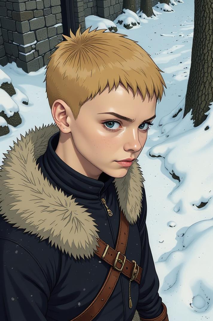 Anime style s from Game of Thrones universe, Buzz Cut beige hair, winter, high angle shot