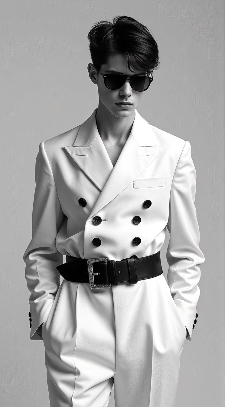 art by Hedi Slimane and Cecil Beaton , Fashion photography of a S supermodel, wearing fashion outfit, his hair is Dark
