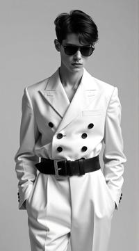 art by Hedi Slimane and Cecil Beaton , Fashion photography of a S supermodel, wearing fashion outfit, his hair is Dark