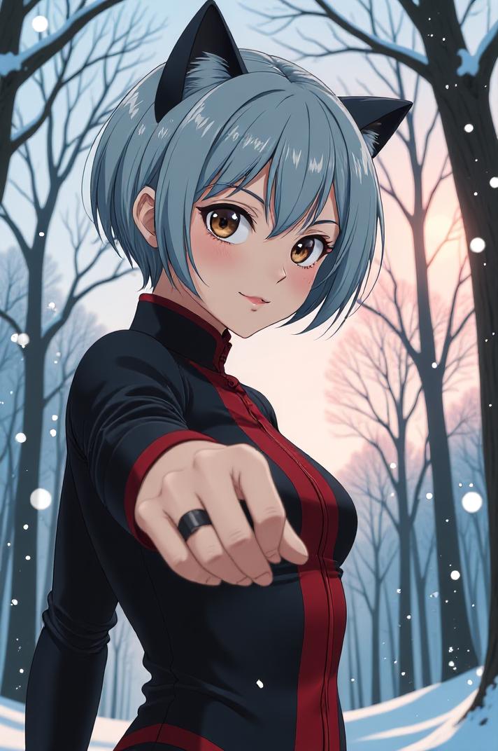 anime style masterpiece,best quality , Buzz Cut grey hair, winter
