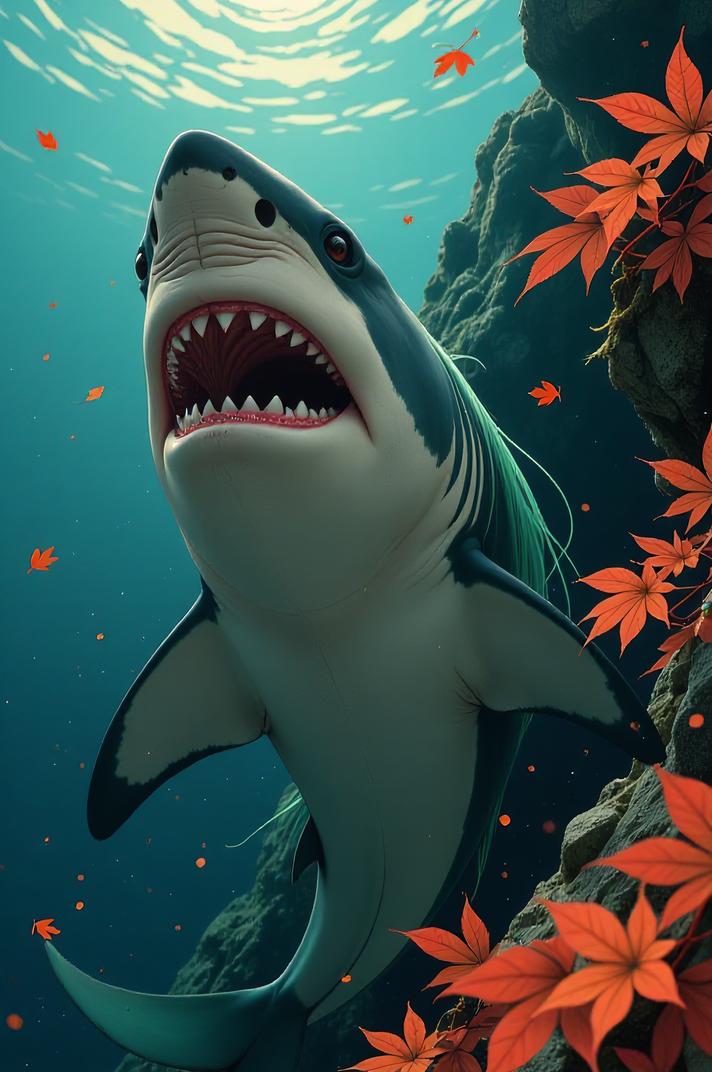 Anime style s Pacific Sleeper Shark from Harry Potter universe, Rachel pine green hair, autumn, low angle shot