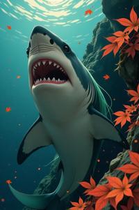 Anime style s Pacific Sleeper Shark from Harry Potter universe, Rachel pine green hair, autumn, low angle shot