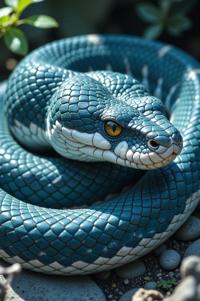 Anime style s Banded Water Snake from Jurassic Park universe, Over Eye prussian blue hair, spring, high angle shot
