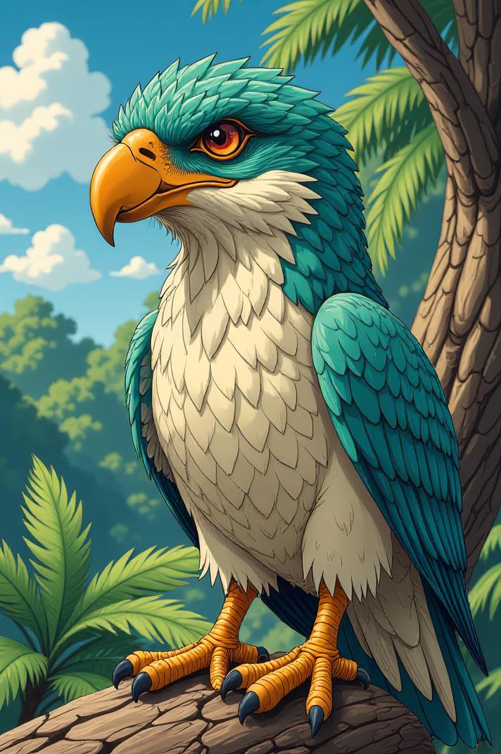 Anime style s Malteagle from Jurassic Park universe, Bob Curly teal hair, summer, expressions shot