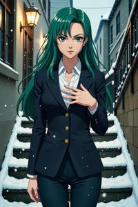 anime style masterpiece,best quality , Long Center Parting malachite hair, winter