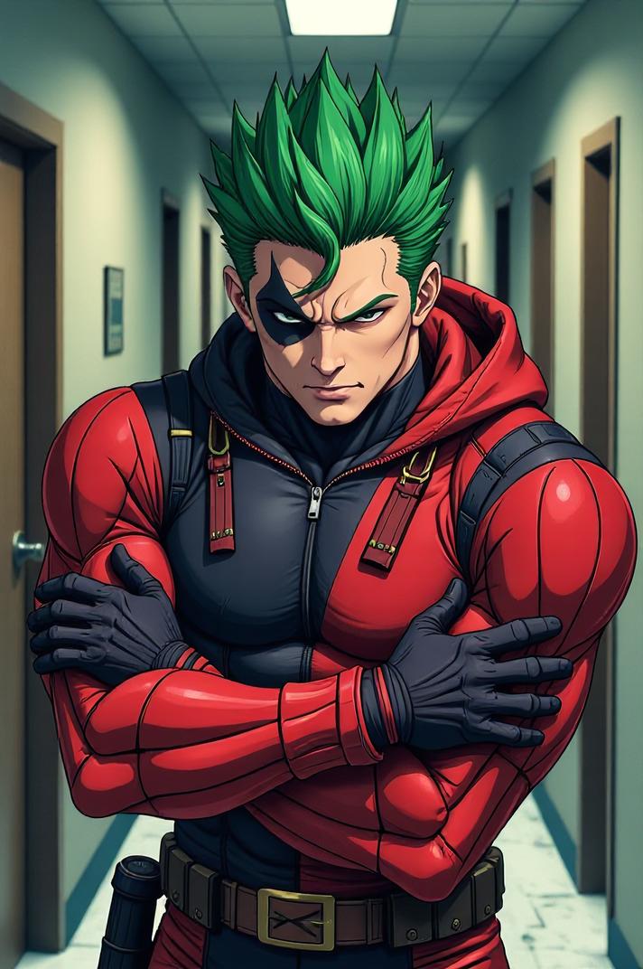 asian anime style marvel Daredevil masterpiece,best quality , asian anime, Mohawk Fan office green hair