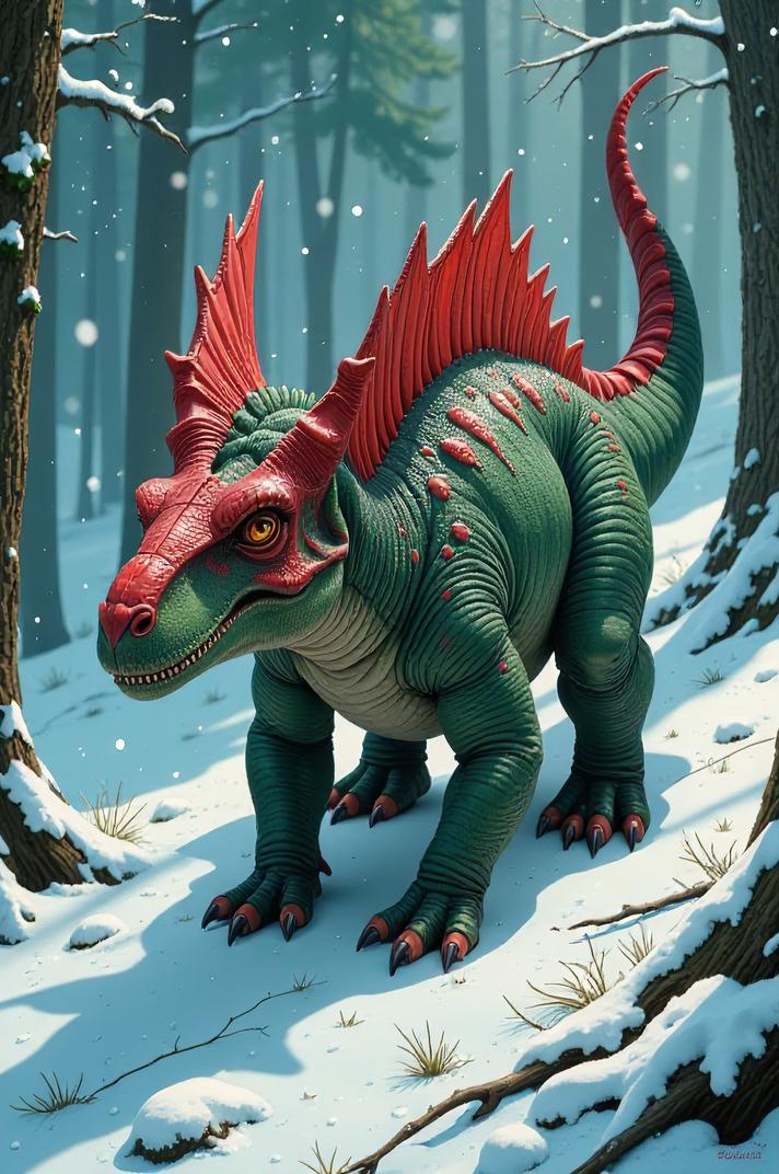Anime style s Styracosaurus from Resident evil universe, Flat Top jade hair, winter, high angle shot