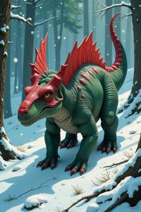 Anime style s Styracosaurus from Resident evil universe, Flat Top jade hair, winter, high angle shot
