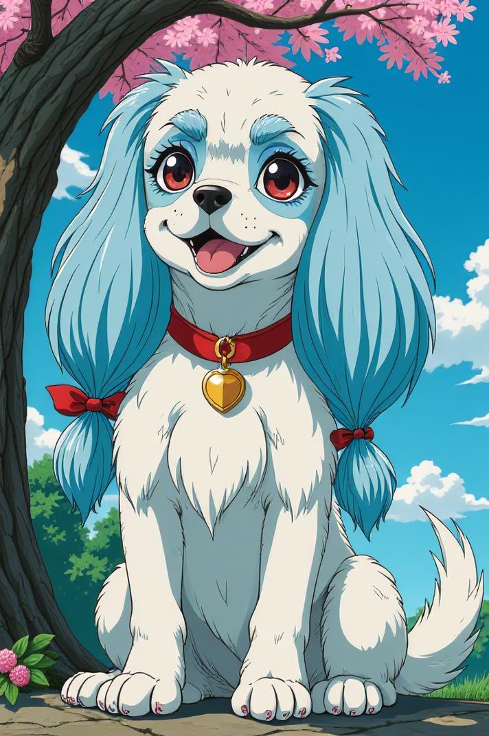 Anime style s Picardy Spaniel from Spirit World universe, Longer Braids bondi blue hair, spring, low angle shot