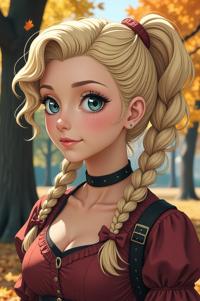 Anime style s Poodle from The Witcher universe, Pony Tail Braids champagne hair, autumn, shoulder level shot