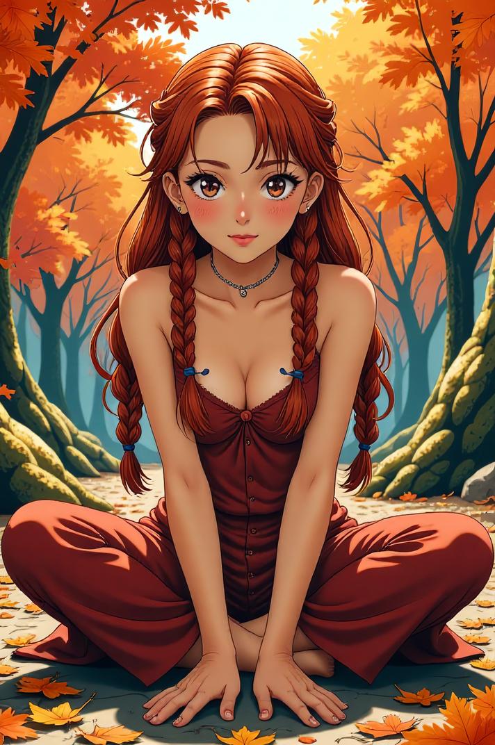 anime style masterpiece,best quality , Long Braids terra cotta hair, autumn