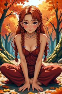 anime style masterpiece,best quality , Long Braids terra cotta hair, autumn