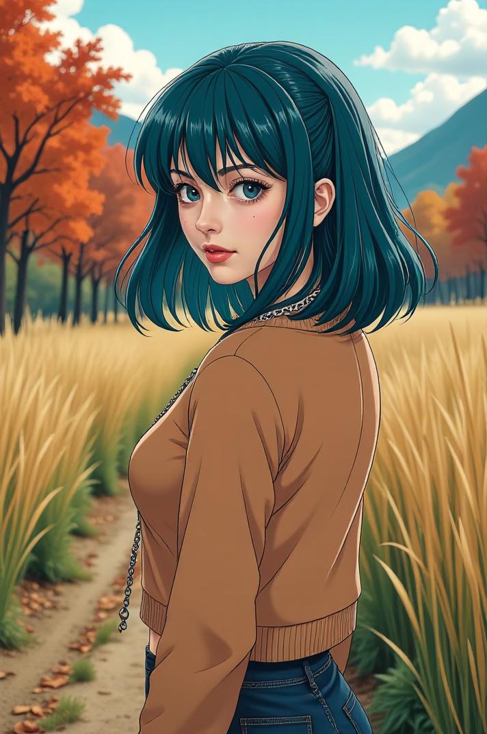 anime style masterpiece,best quality , Over Eye sapphire hair, autumn