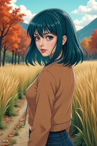 anime style masterpiece,best quality , Over Eye sapphire hair, autumn