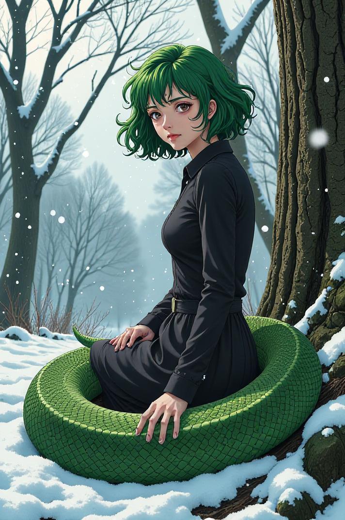 Anime style s Reticulated python from Spirit World universe, Short Curly office green hair, winter, ground level shot