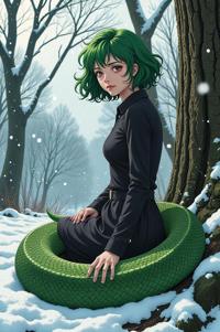 Anime style s Reticulated python from Spirit World universe, Short Curly office green hair, winter, ground level shot