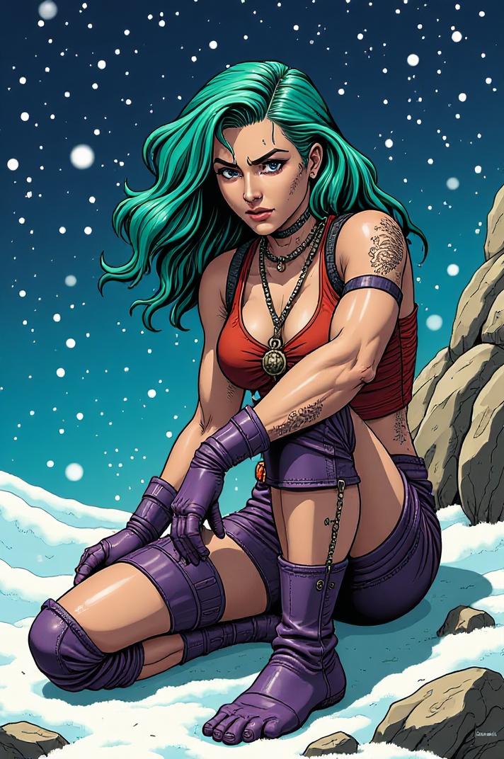 Anime style s Kenyan Sand Boa from Doom universe, Left Parting blue green hair, winter, knee level shot