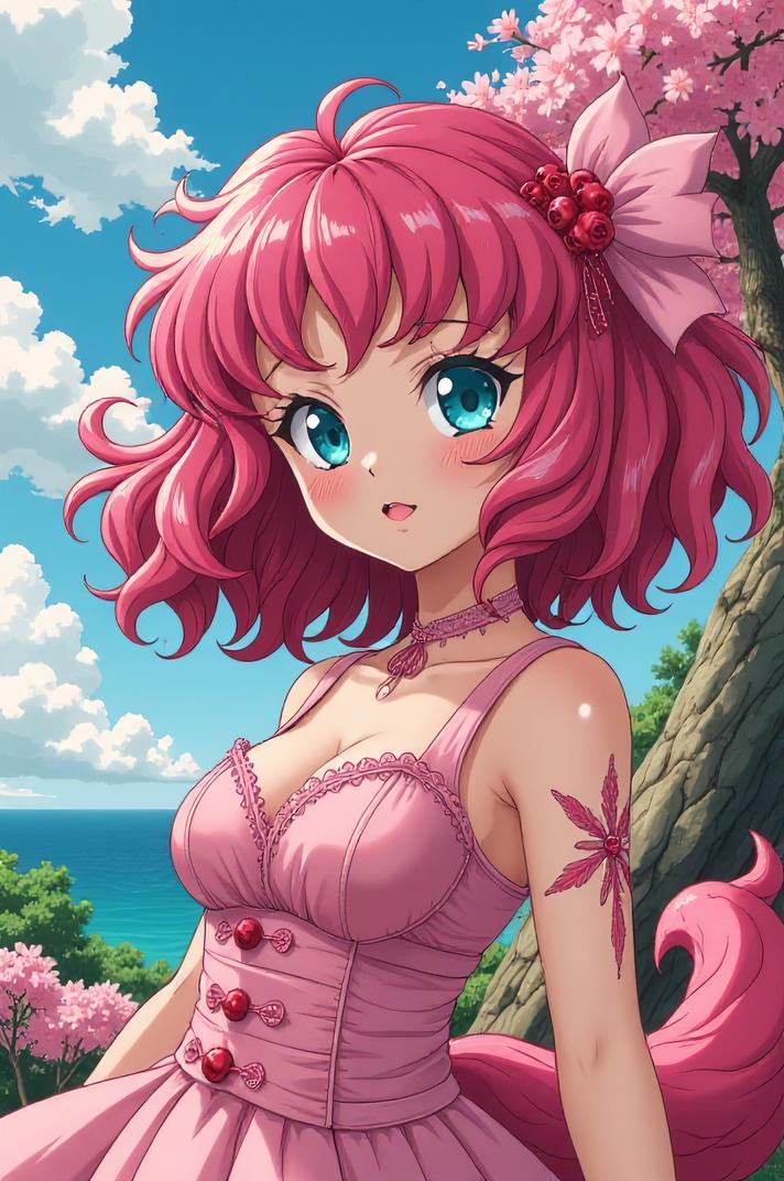 Anime style s Havapoo from Game of Thrones universe, Lob Curly cherry blossom pink hair, summer, perspective shot