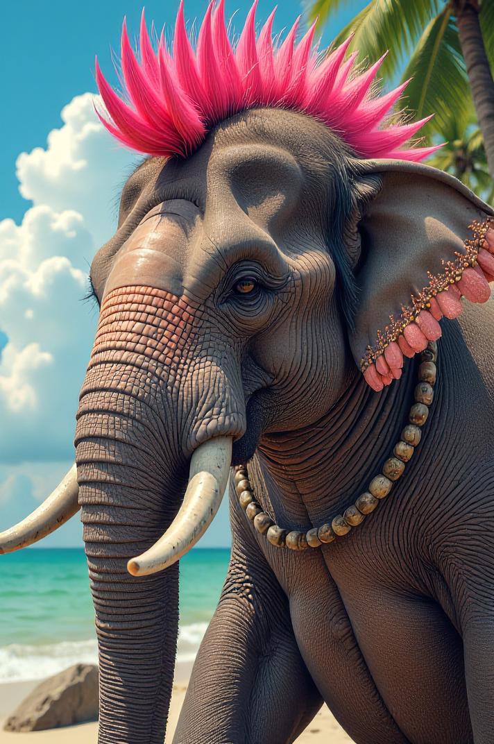 Anime style s Sri Lankan Elephant from The Witcher universe, Mohawk Spike hollywood cerise hair, summer, expressions shot