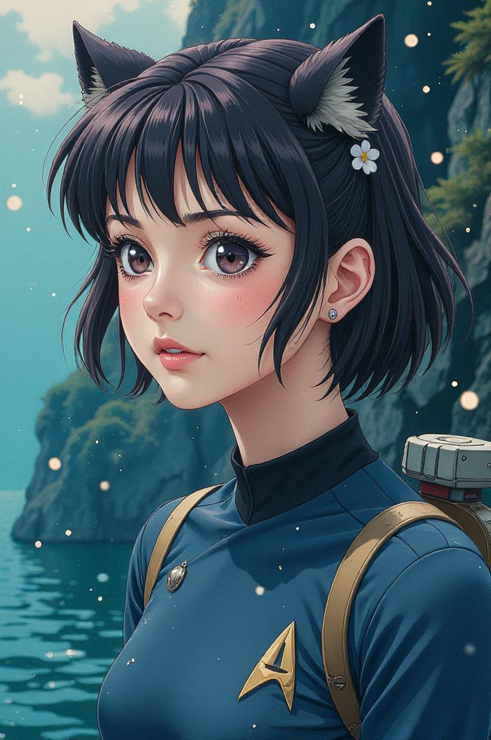 Anime style s Oceanic Whitetip Shark from Star Trek universe, Grungey Behind Ears chocolate hair, spring, looking away shot