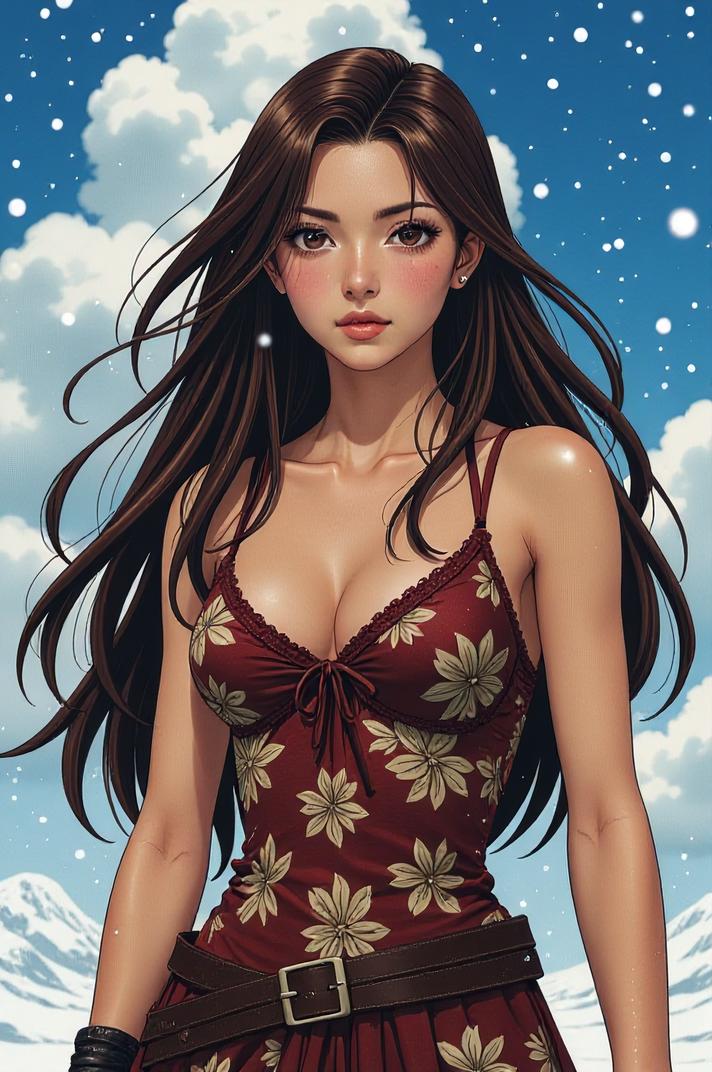 Anime style s Hawaiian Crow from Mass Effect universe, Long brown hair, winter, from above shot