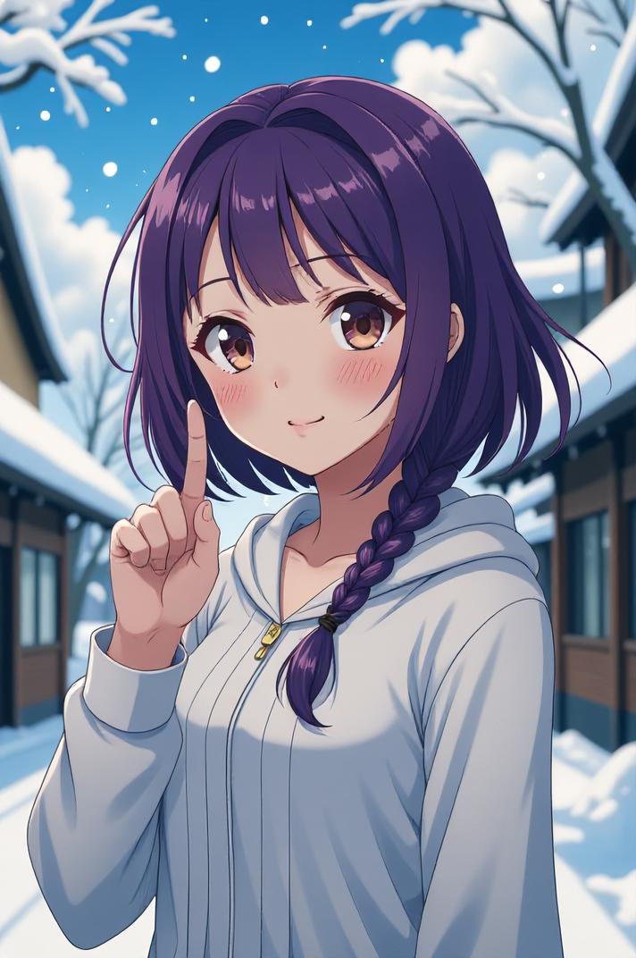 anime style masterpiece,best quality , Long Braids psychedelic purple hair, winter