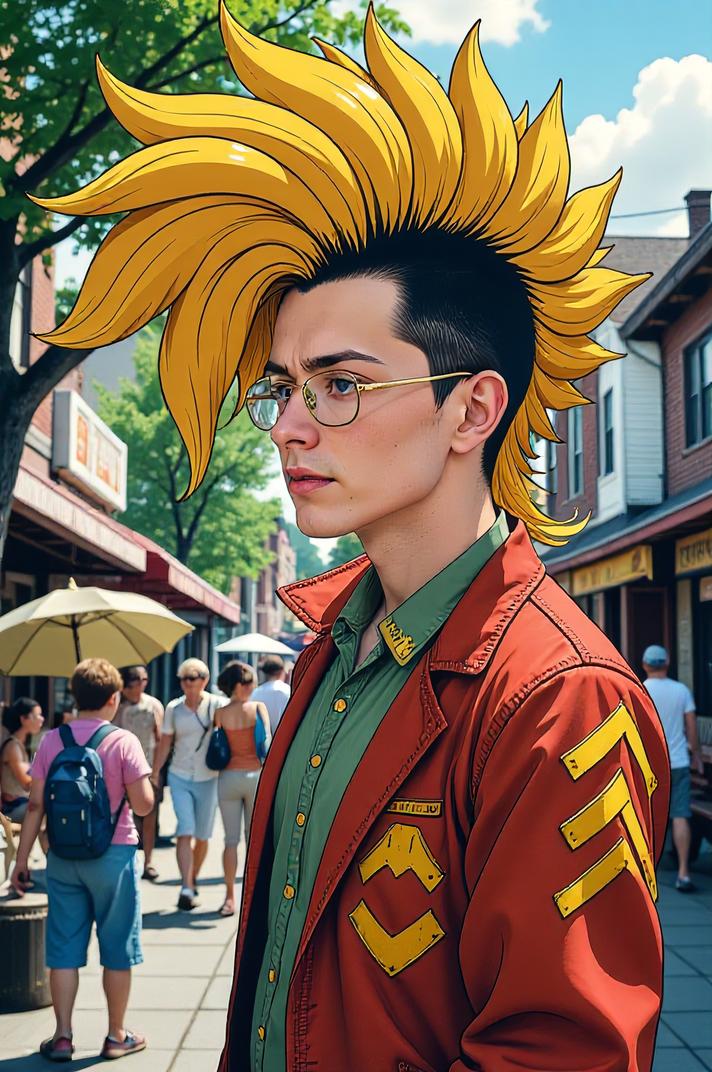 Anime style s Umbrellabird from Marvel universe, Mohawk Fan mustard hair, summer, expressions shot