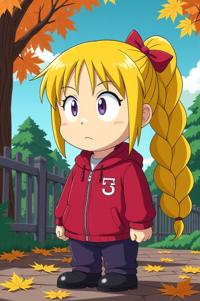 Anime style s Pomeagle from South Park universe, Pony Tail Braids lemon hair, autumn, low angle shot