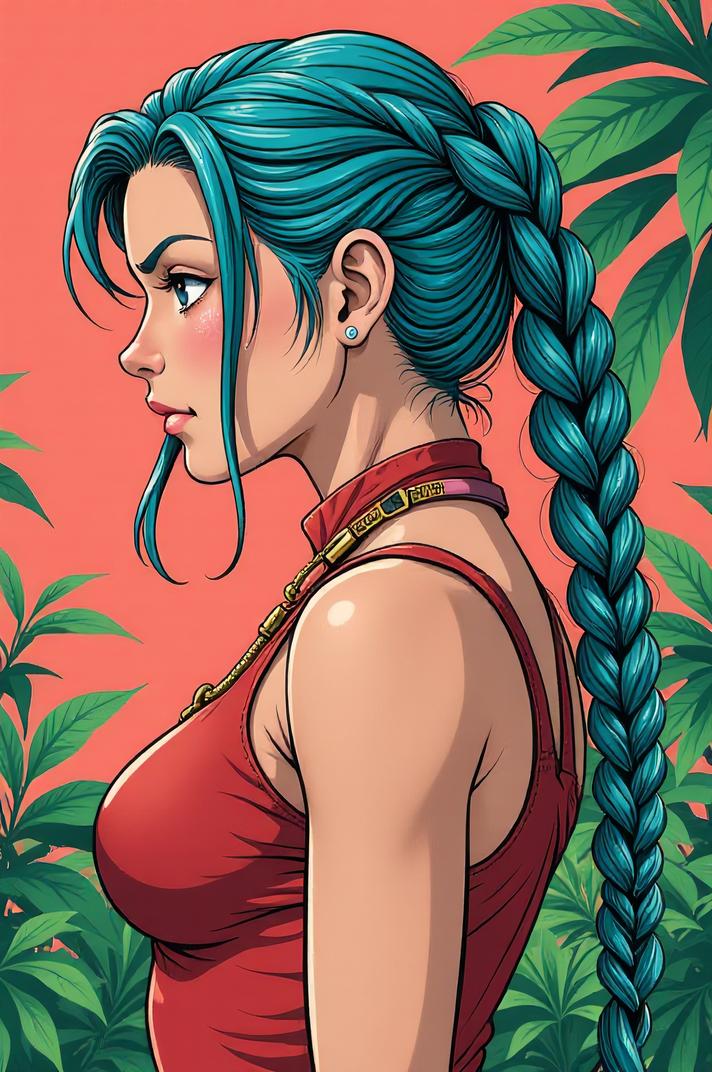 Anime style s Tiger Rattlesnake from Narcos universe, Cornrows cerulean hair, spring, Front side back three views shot