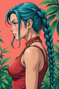 Anime style s Tiger Rattlesnake from Narcos universe, Cornrows cerulean hair, spring, Front side back three views shot