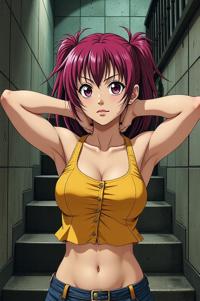 asian anime style marvel Domino masterpiece,best quality , asian anime, Grungey Behind Ears myrtle hair