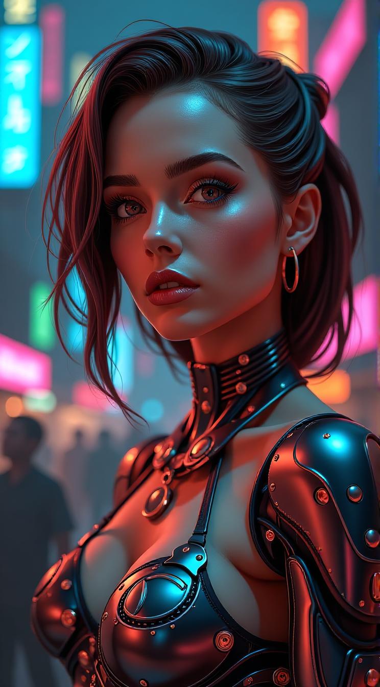cyberpunk, concept art, cyborg Female, background is night city