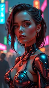 cyberpunk, concept art, cyborg Female, background is night city