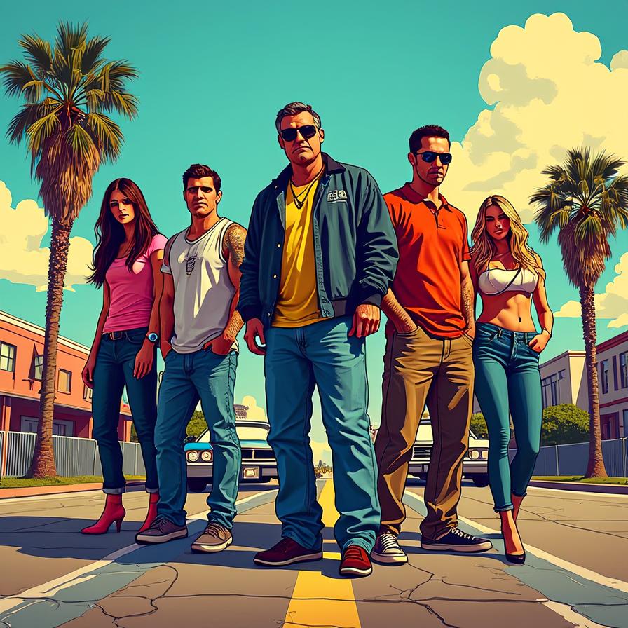 GTA style artwork satirical, exaggerated, pop art style, vibrant colors