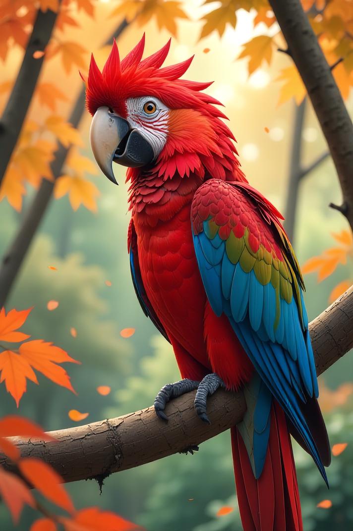 Anime style s Scarlet Macaw from Pixar universe, Spike shocking pink hair, autumn, perspective shot