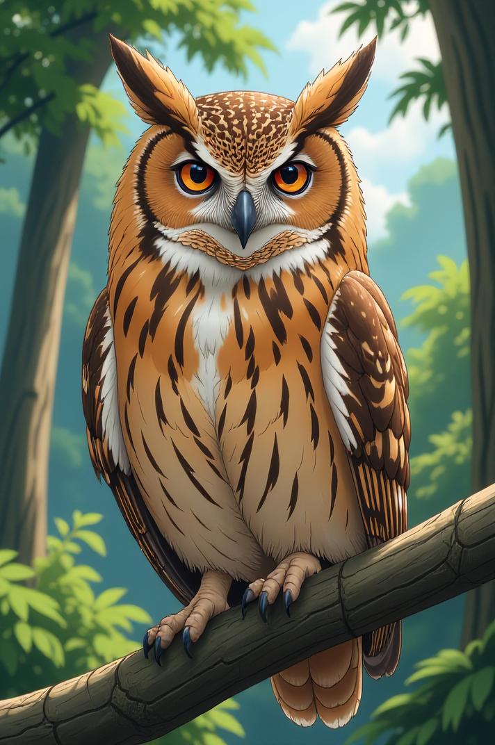 Anime style s Short Eared Owl from Jurassic Park universe, Longer Braids copper hair, summer, from above shot