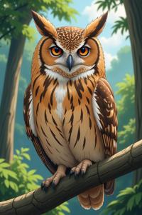 Anime style s Short Eared Owl from Jurassic Park universe, Longer Braids copper hair, summer, from above shot