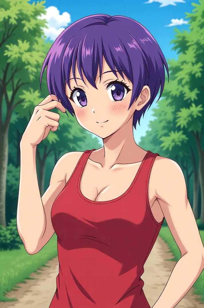 asian anime style masterpiece,best quality , asian anime, Crew Cut purple hair