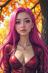 Anime style s Axanthic Ball Python from Rick and Morty universe, Long Center Parting fuchsia hair, autumn, from below shot