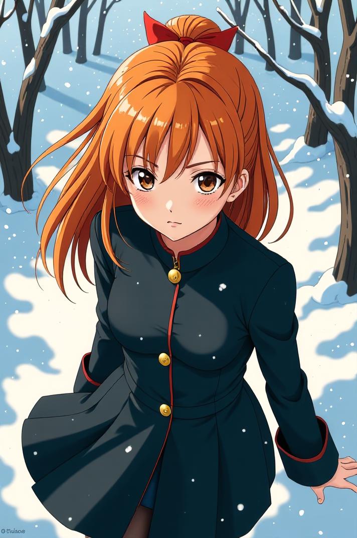 anime style masterpiece,best quality , Flat Top orange hair, winter