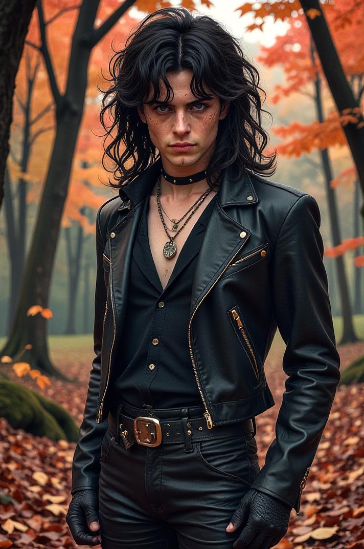 Anime style s Blind Snake from Hellraiser universe, Mullet Curly charcoal hair, autumn, knee level shot