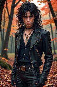 Anime style s Blind Snake from Hellraiser universe, Mullet Curly charcoal hair, autumn, knee level shot