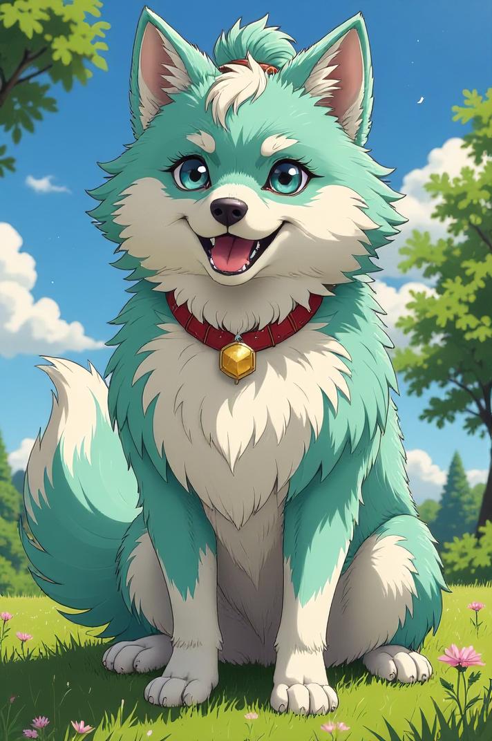 Anime style s Keeshond from Mass Effect universe, Bun celadon hair, summer, full body shot
