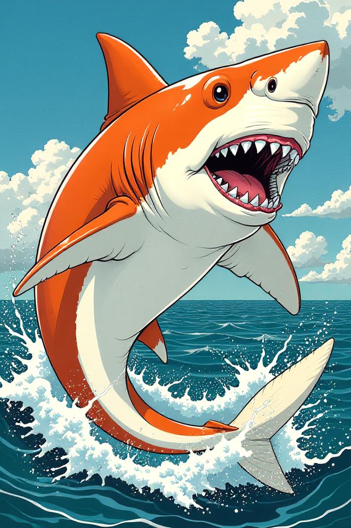 Anime style s White Shark from DC Comics universe, Bald orange hair, spring, Front side back three views shot