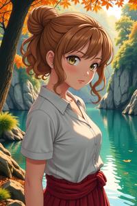 anime style masterpiece,best quality , Bun Curly sandy brown hair, autumn