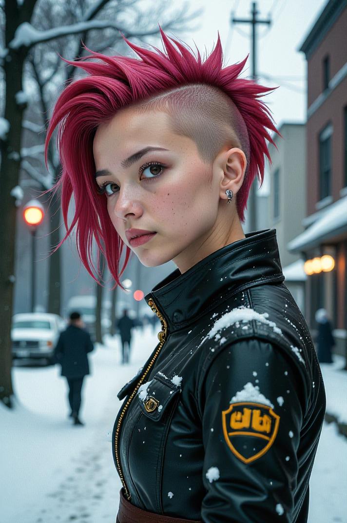 Anime style s Stoplight Loosejaw from Mass Effect universe, Mohawk Flat misty rose hair, winter, ground level shot