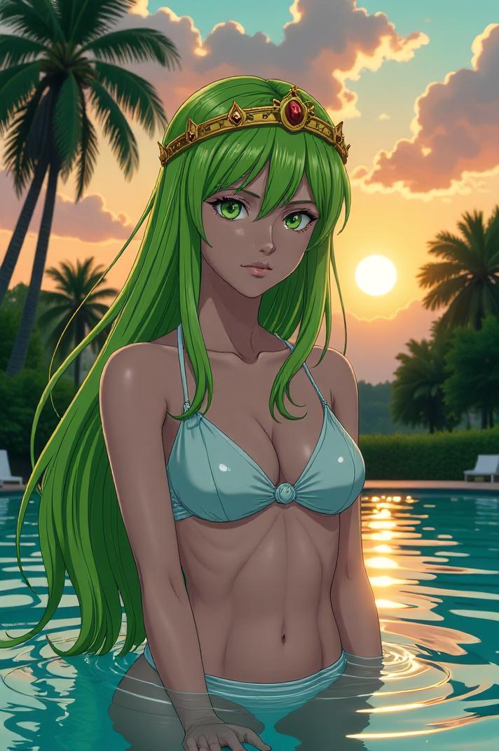 anime style masterpiece,best quality , Grungey Long lime hair, summer