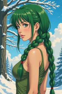 Anime style s Tree Snake from Rocketman universe, Longer Braids pine green hair, winter, Front side back three views shot