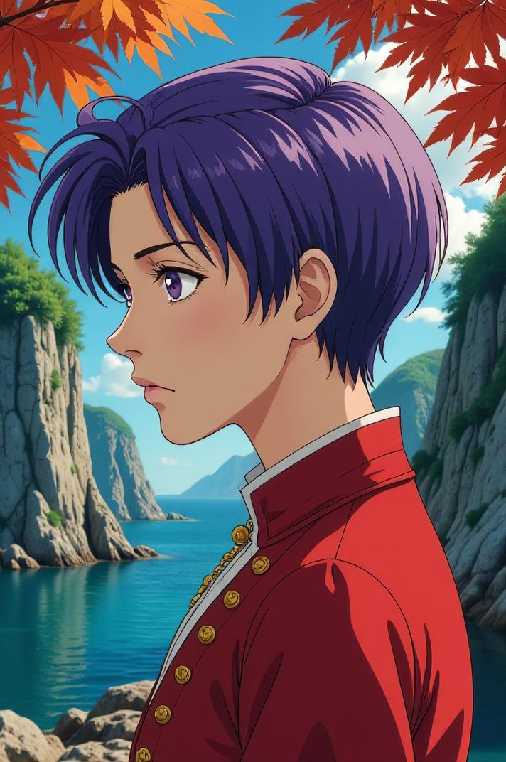 Anime style s Shiranian from Pirates of the Caribbean universe, Crew Cut periwinkle hair, autumn, Front side back three views shot