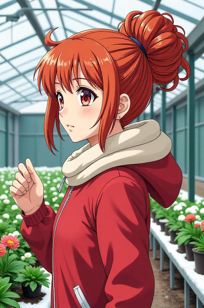asian anime style masterpiece,best quality , asian anime, Bun Curly firebrick hair